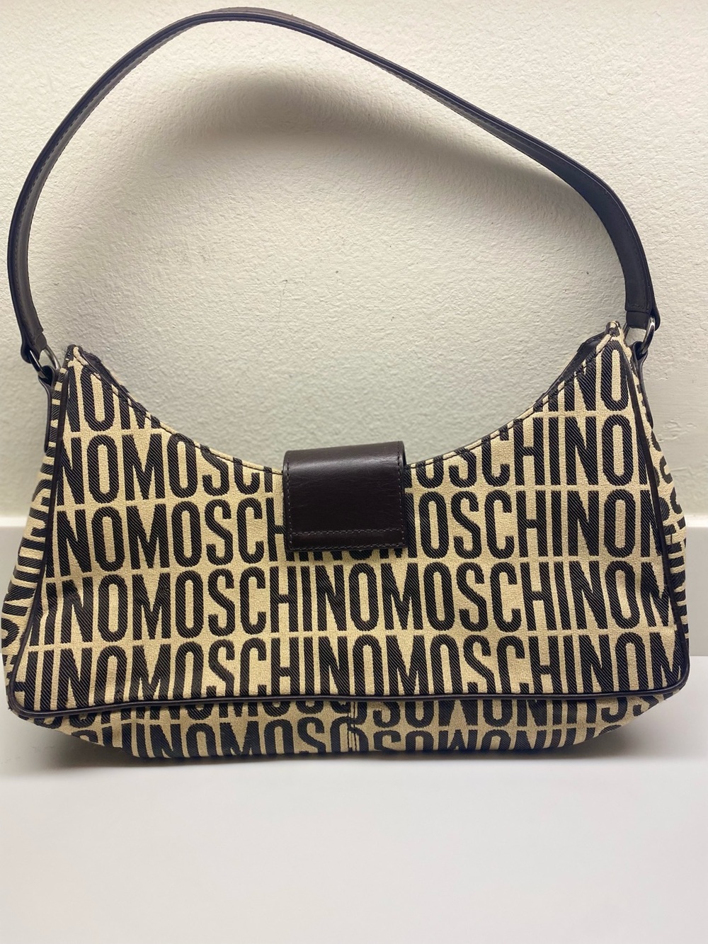 Moschino Logo Print Shoulder Bag in Black and Tan